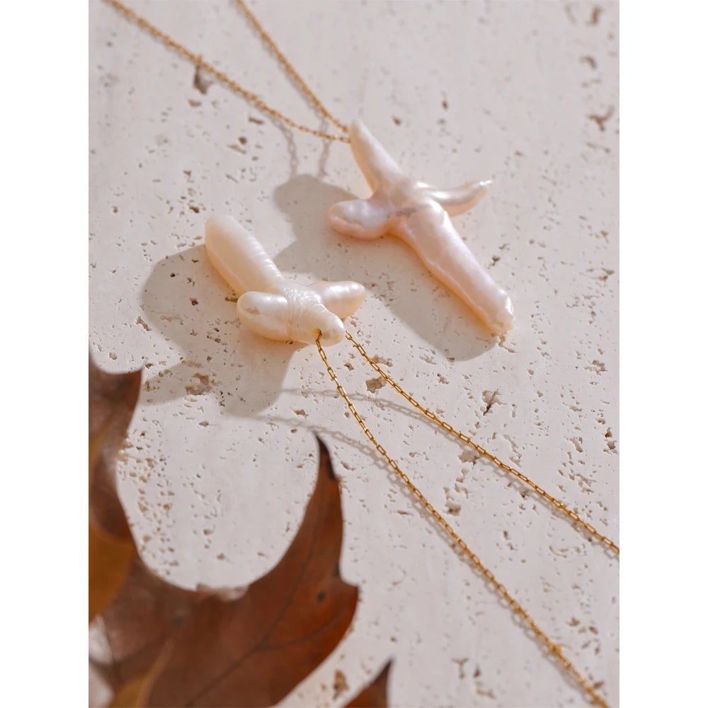 Natural Pearl Baroque Cross Pendant Necklace
