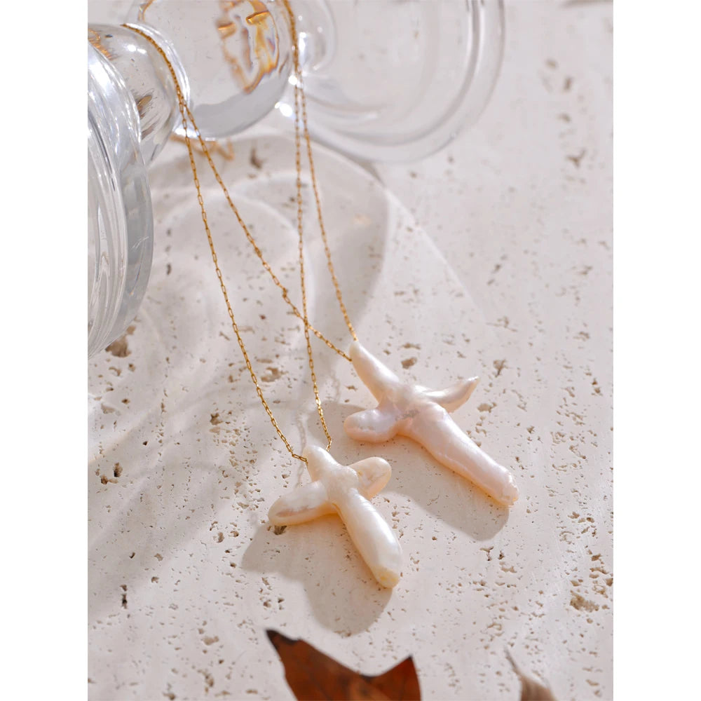Natural Pearl Baroque Cross Pendant Necklace
