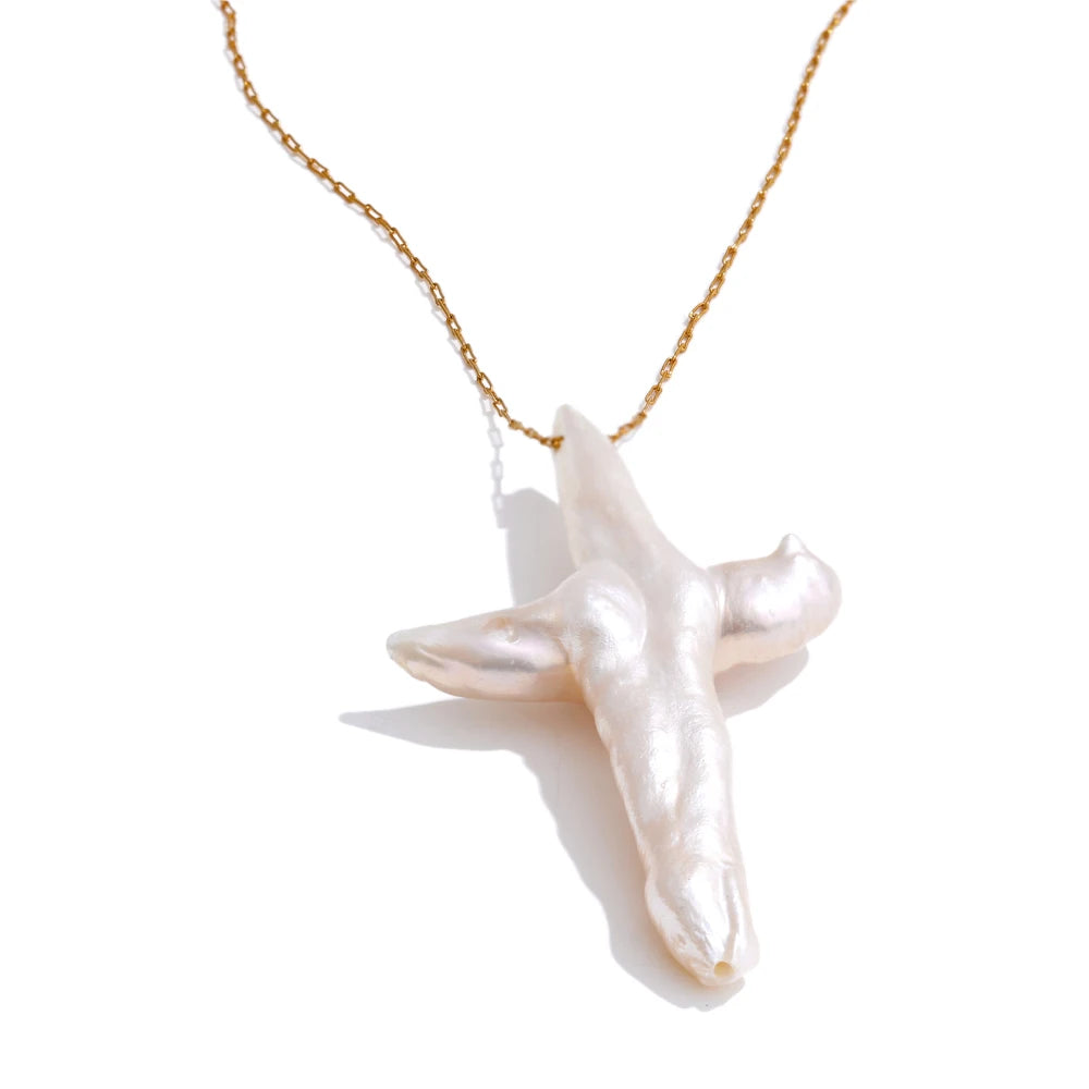 Natural Pearl Baroque Cross Pendant Necklace