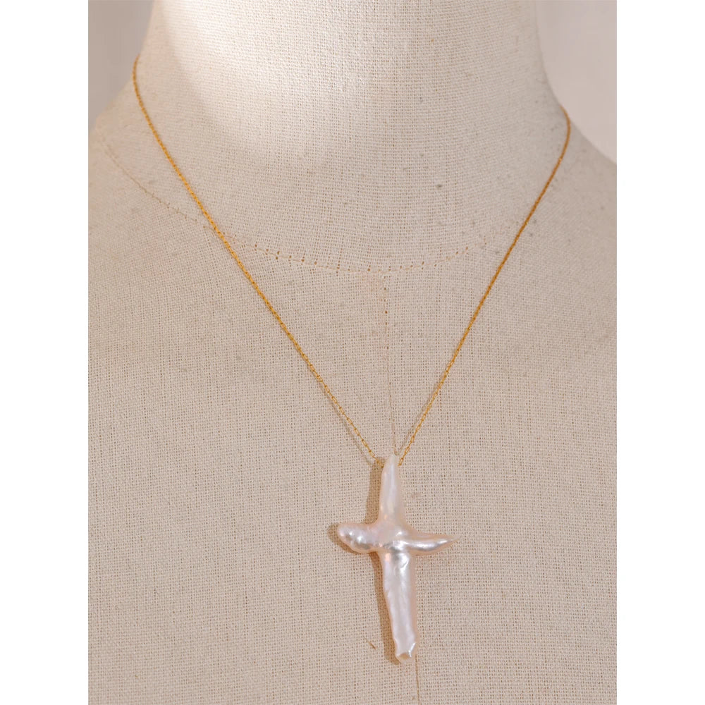 Natural Pearl Baroque Cross Pendant Necklace